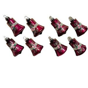 Vintage Glass Bell Christmas Ornaments Set Of 8 With Floral & Bow Design In Pink